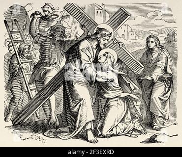 Via Crucis. Jesus carrying cross for crucifixion and talking to women of Jerusalem, Luke 23. New Testament, Old 19th century engraved illustration from History of the Bible 1883 Stock Photo