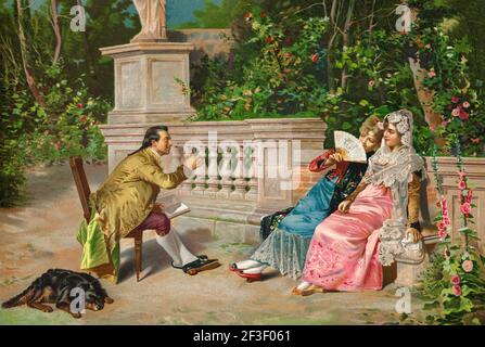 A man woos and reads a book to two women dressed in traditional 19th century costumes in a garden. Old 19th century color lithography illustration from El Mundo Ilustrado 1879 Stock Photo