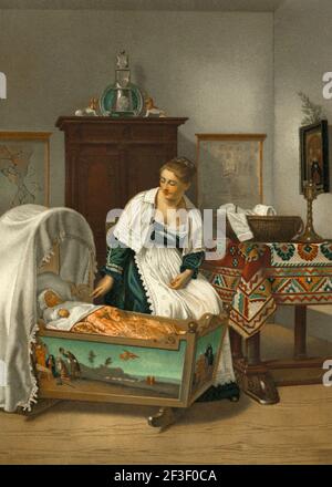 The young mother, a painting by F. Willems. Old 19th century color lithography illustration from El Mundo Ilustrado 1879 Stock Photo