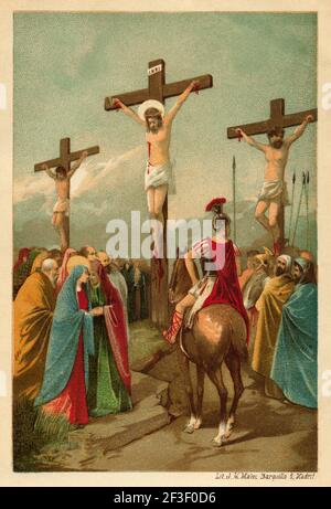 Jesus dies at the cross. Our Lord Jesus the son of God made man dies on the cross. John book, New Testament. Old 19th century Color lithography illustration from Jesus Christ by Veuillot 1890 Stock Photo