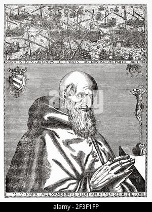 Portrait of Pope Pius V (Bosco 1504 - Roma 1572) Antonio Michele Ghislieri. Old 19th century engraved illustration from Jesus Christ by Veuillot 1890 Stock Photo