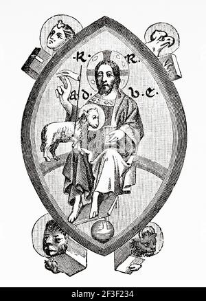 Jesus Good Shepherd. Old 19th century engraved illustration from Jesus Christ by Veuillot 1890 Stock Photo