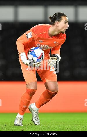 DERBY, ENGLAND. MARCH 16TH Derby County goalkeeper Kelle Roos in action during the Sky Bet Championship match between Derby County and Brentford at the Pride Park, Derby on Tuesday 16th March 2021. (Credit: Jon Hobley | MI News) Credit: MI News & Sport /Alamy Live News Stock Photo