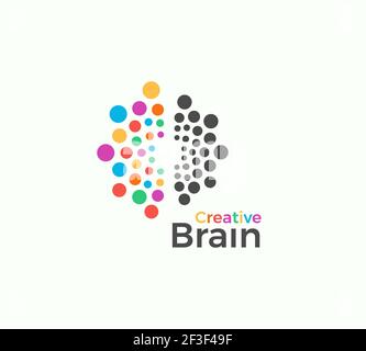 Creative Brain vector logo template in colored dots style. Creative imagination, inspiration abstract icon on white background. Left and right brain Stock Vector