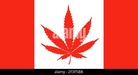 Canadian flag with red hemp leaf. Legalization of marijuana. Vector flat illustration Stock Vector