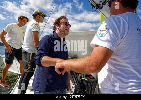 Thierry Bouchard with Patrice Romedenne ( Ciela Village ) during the Grand Prix Valdys 2018, Multi 50 sailing race on September 6, 2018 in Douarnenez, France - Photo Francois Van Malleghem / DPPI Stock Photo