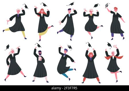 Happy dancing graduates. Group of celebrating university or college graduates. Jumping and dancing graduating students vector illustration set Stock Vector
