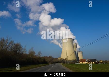 Cooling towers with water steam on a blue sky, nuclear plant Stock Photo