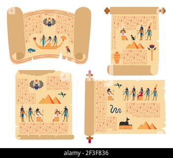 Egyptian papyrus scrolls. Ancient egypt papyrus with gods, hieroglyphics and pyramids vector illustration set. Historical ancient egyptian manuscripts Stock Vector