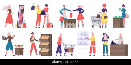 Supermarket grocery shopping. Buyers in grocery store or supermarket, food market shopping. People doing grocery purchases vector illustration set Stock Vector