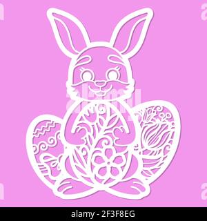 Laser cutting template. Easter bunny with eggs. Vector Stock Vector