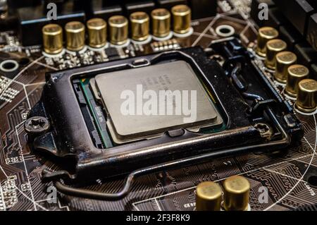 Close-up of an intel cpu socket on a computer motherboard Stock Photo