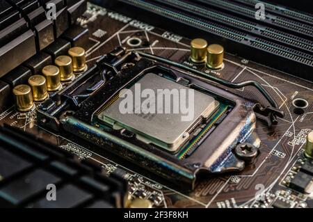 Close-up of an intel cpu socket on a computer motherboard Stock Photo