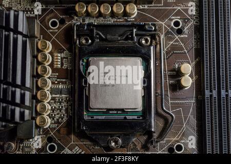 Close-up of an intel cpu socket on a computer motherboard Stock Photo