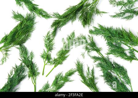 Dill branches are randomly arranged on a white table. Top view, horizontal. Stock Photo