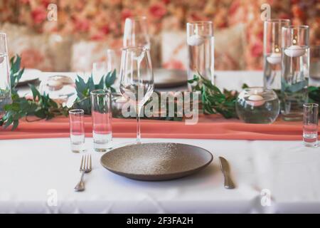 Wedding boho table setting and decor. Festive dinner.  Stock Photo