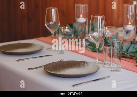 Wedding boho table setting and decor. Festive dinner.  Stock Photo