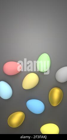 3D render Easter and Covid-19 concept: Many decorative eggs with colorful designs lying in distance on grey background with smooth shadow and space Stock Photo