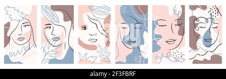 Set of Woman's Face continuous Line art. Portrait of a female For Beauty Concept. Abstract Contemporary collage of geometric shapes in a modern trendy Stock Vector