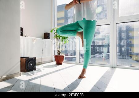 Young beautiful sporty woman practicing Yoga and performing tree pose at home against large windows. Closeup Stock Photo