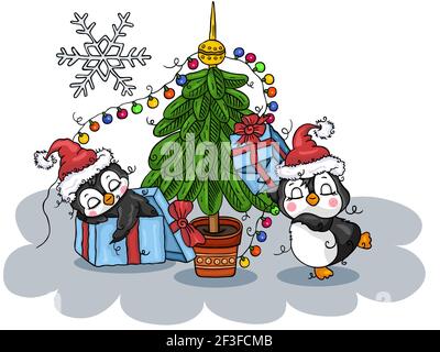 Funny illustration with Christmas penguins Stock Photo