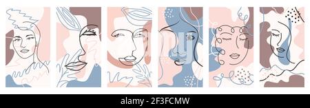 Set of Woman's Face continuous Line art. Abstract Contemporary collage of geometric shapes in a modern trendy style Stock Vector