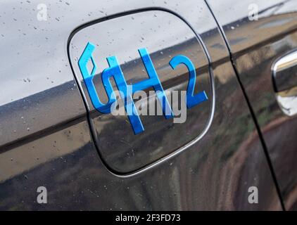 Tank cap with H2 hydrogen logo Stock Photo