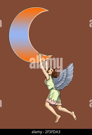 Angel, stars and clouds. Beautiful angels in the heaven. Digital drawing. Stock Photo