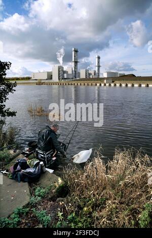 Angler and swan on the River Trent opposite Staythorpe C combined cycle gas turbine (CCGT)  power station, near Newark-on-Trent, Nottinghamshire. Stock Photo