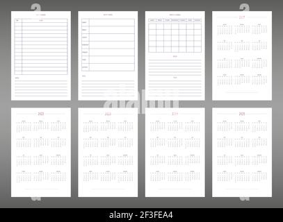 2022 2023 2024 2025 calendar daily weekly monthly personal planner diary template in cute minimalists style. individual schedule calendar for notebook Stock Vector