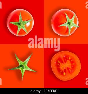 Top view of fresh ripe red cherry tomatoes isolated on red background. Flat lay composition. Stock Photo