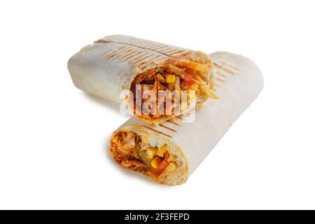 Two crossed pars of Eastern cheesy shawarma with layers of chicken meat, cucumber, cabbage, cheese served on plate, isolated on white background. Turk Stock Photo