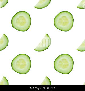Seamless pattern of fresh cucumber peaces isolated on white background. Top view Stock Photo
