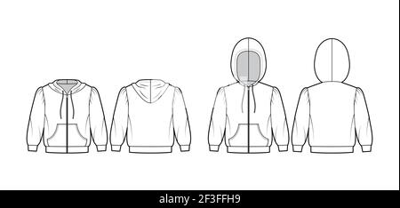 Set of Zip-up Hoody sweatshirt technical fashion illustration with elbow sleeves, relax body, kangaroo pouch, drawstring. Flat apparel template front, back, white color. Women, men, unisex CAD mockup Stock Vector