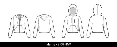 Set of Zip-up Hoody sweatshirt technical fashion illustration with long sleeves, relax body, kangaroo pouch, banded hem. Flat apparel template front, back, white color. Women, men, unisex CAD mockup Stock Vector