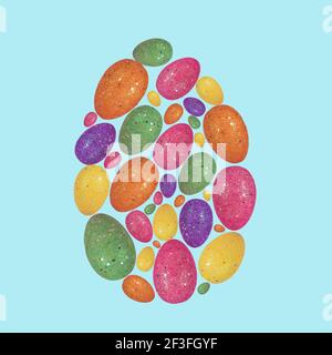 Trendy Easter egg made with colorful eggs on pastel pink background. Minimal easter concept. Creative Easter card. Stock Photo