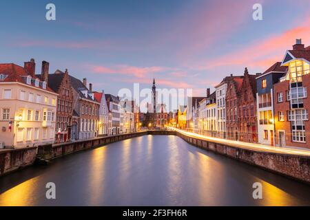 Bruges, Belgium historic canals at dusk. Stock Photo