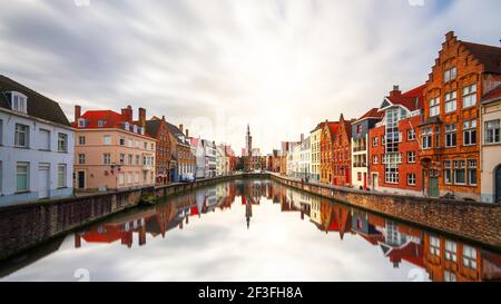 Bruges, Belgium historic canals at dusk. Stock Photo