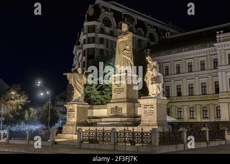 UKRAINE, KIEV - August 9, 2020. Monument to Princess Olga, Apostle Andrew, Cyril and Methodius in Kiev at night.