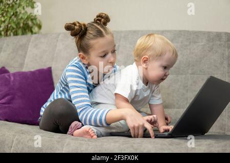 Little cute boy and girl using laptop together, looking at screen, watching cartoons or playing online, sister and brother, siblings sitting on Stock Photo