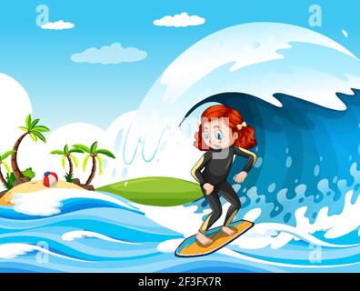 Big wave in the ocean scene with girl standing on a surf board illustration Stock Vector