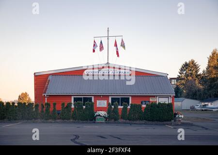 Courtenay, Canada - September 9,2020: View of Courtenay Airpark Building. A small public aerodrome located on the banks of the Courtenay River Stock Photo