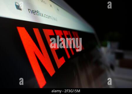 Close-up view of Netflix logo on its website Stock Photo