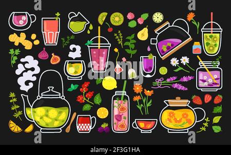 Cup of tea and cocktails cartoon set. Tea time mug teapot and herbs, fruits, ingredients drinks. Summer hand drawn flowers, berries. Flat design colored trendy vector illustration on black background Stock Vector