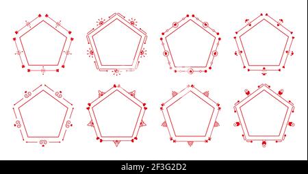 Elegant pentagon frame with red heart ornamental set. Graphic vintage border for certificate, monograms, text wedding, invitation card or Valentines Day. Decorative frames Isolated vector illustration Stock Vector