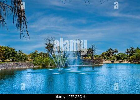 A lake with spouting fountain at the Miami-Dade County Redland Fruit and Spice Park in Florida. Stock Photo