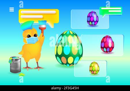 cute chick in mask decorating eggs happy easter spring holiday celebration coronavirus quarantine concept Stock Vector