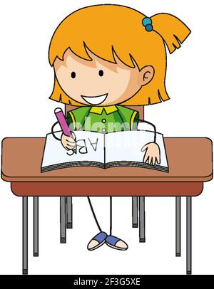 A girl doing homework doodle cartoon character illustration Stock Vector