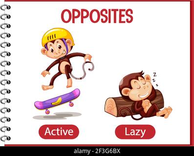 Opposite words with active and lazy illustration Stock Vector