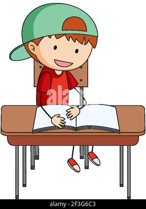 A boy doing homework doodle cartoon character illustration Stock Vector